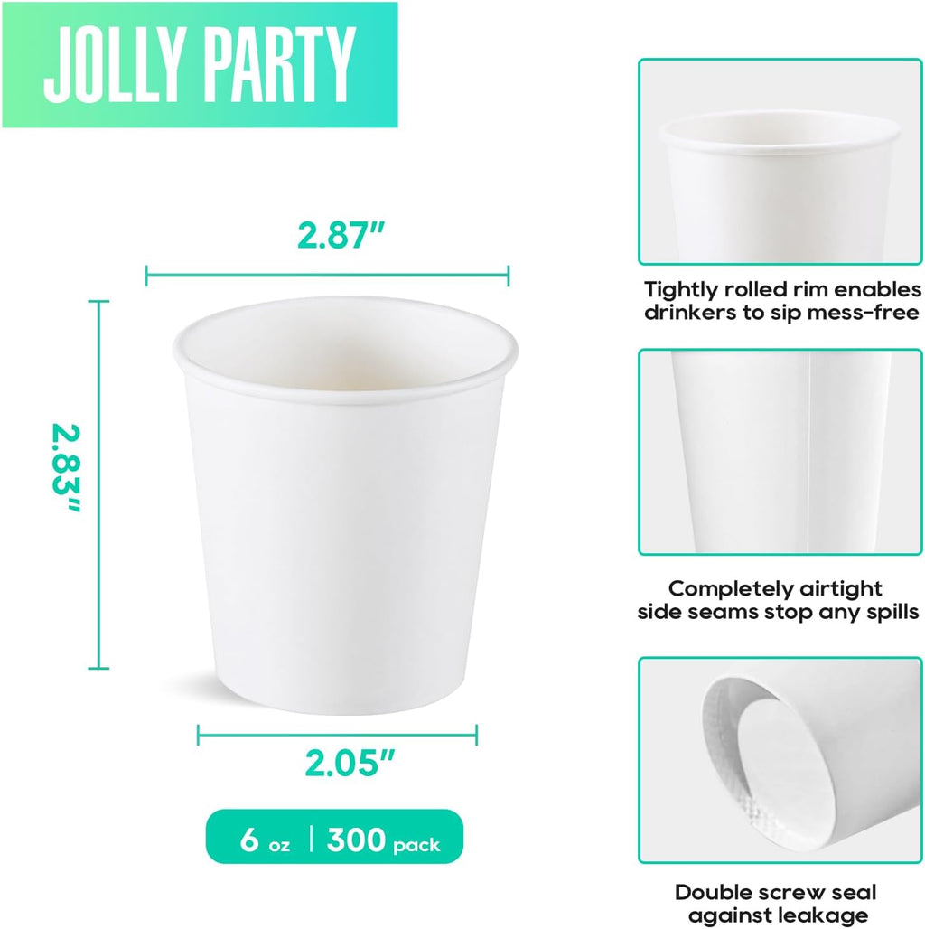 JOLLY PARTY 300 Pack 6 oz Disposable Paper Coffee Cup, Hot/Cold Beverage Drinking Cups for Water, White Paper Hot Coffee Cups