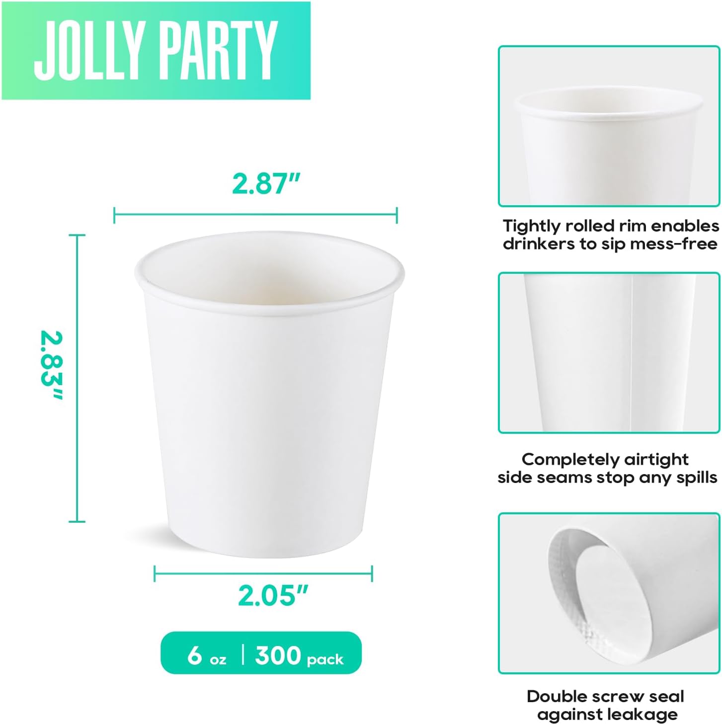 JOLLY PARTY 300 Pack 6 oz Disposable Paper Coffee Cup, Hot/Cold Beverage Drinking Cups for Water, White Paper Hot Coffee Cups