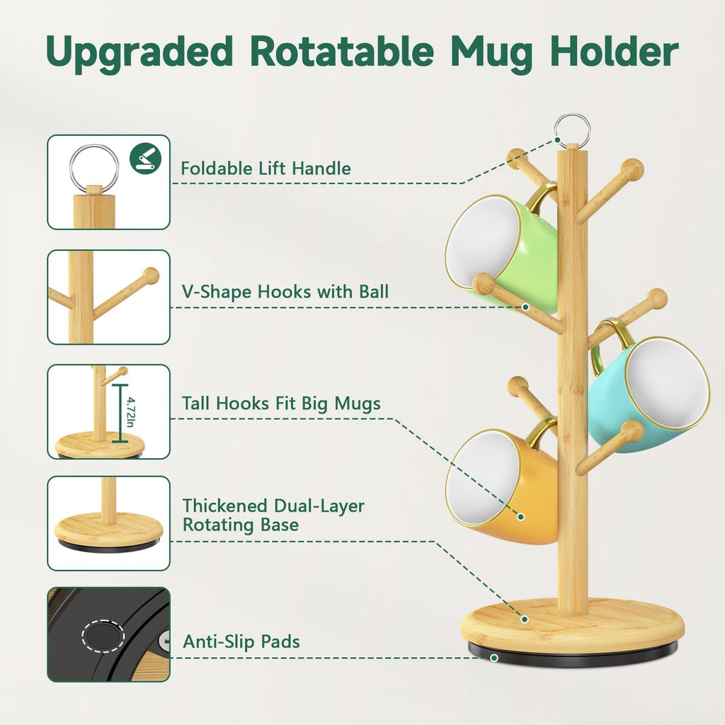 EsLuker.ly Mug Holder Tree Bamboo 360° Rotating Coffee Cup Display Rack with 6 Hooks for Home Kitchen Counter, Upgrade Wood Mug Stand Station Organizer, Building Your Dream Coffee Corner