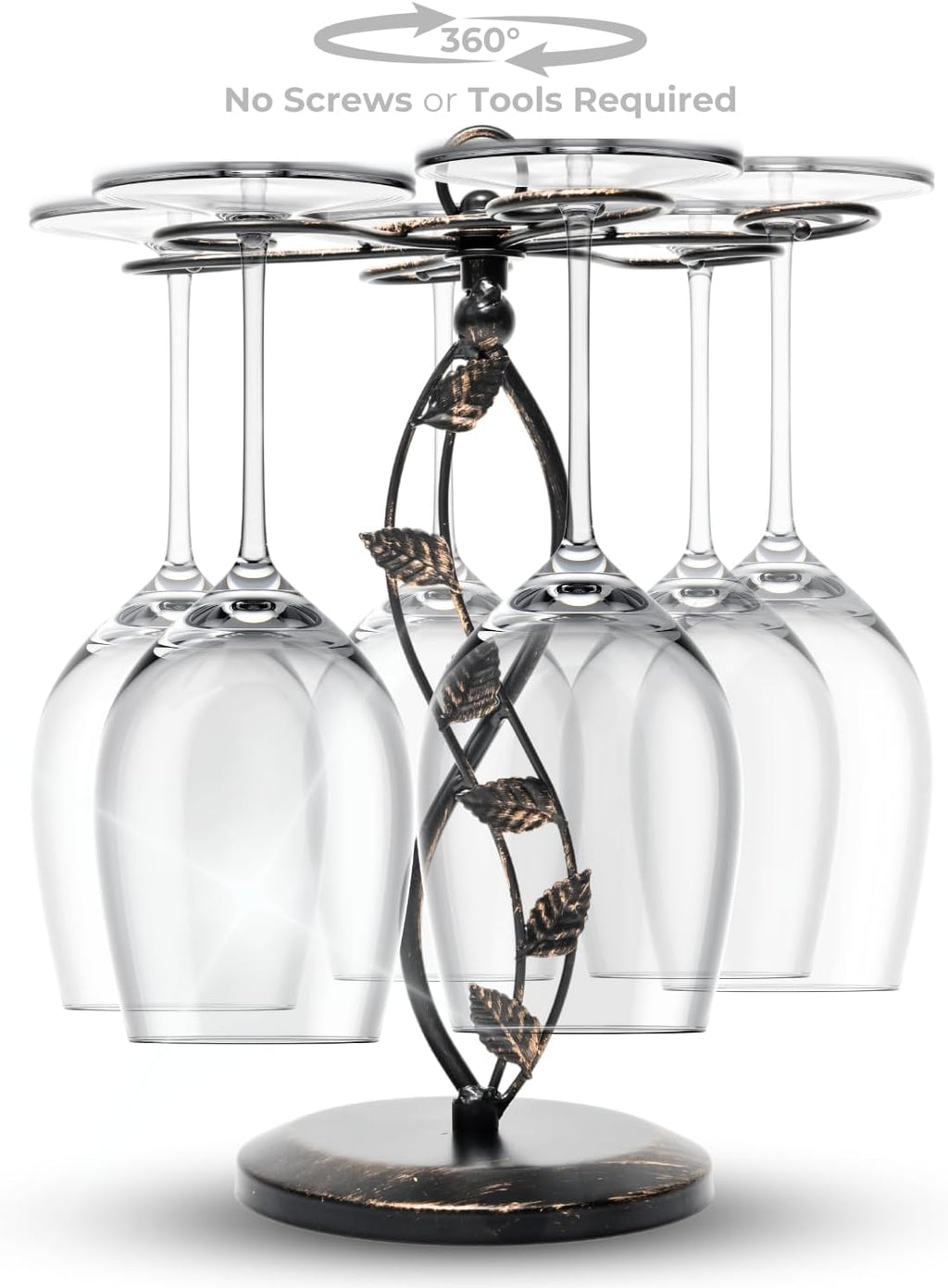 Wine Glass Rack – Elegant and Vintage-Inspired Wine Glass Holder for 6 Tall Glasses – Beautiful Leaf Design Wine Racks Countertop – Durable Metal Wine Glass Storage Rack – 9.5 x 9.5 x 13-inch