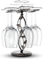 Wine Glass Rack – Elegant and Vintage-Inspired Wine Glass Holder for 6 Tall Glasses – Beautiful Leaf Design Wine Racks Countertop – Durable Metal Wine Glass Storage Rack – 9.5 x 9.5 x 13-inch
