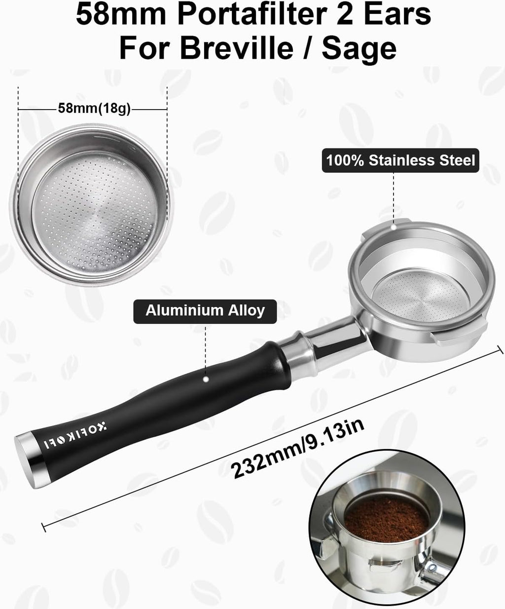 58mm Bottomless Portafilter For Breville, 2 Ears Slim Naked Portafilter Fits Breville Espresso Machines BES900XL, BES920XL, BES980XL, BES990BSS with Aluminum Handle, 18g Double Shot Filter Basket