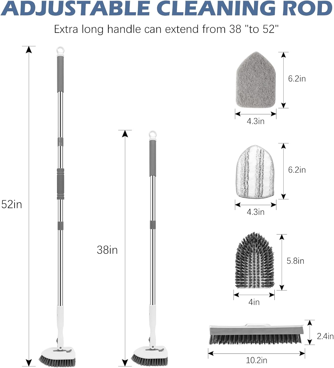 SetSail 4-in-1 Tile Tub Floor Scrubber with 52-inch Long Adjustable Handle Shower Cleaner Brush with V-Shaped Grout Brush and 3 Replacement Brush Heads for Bathroom Kitchen Sink Walls Tub Tile, White
