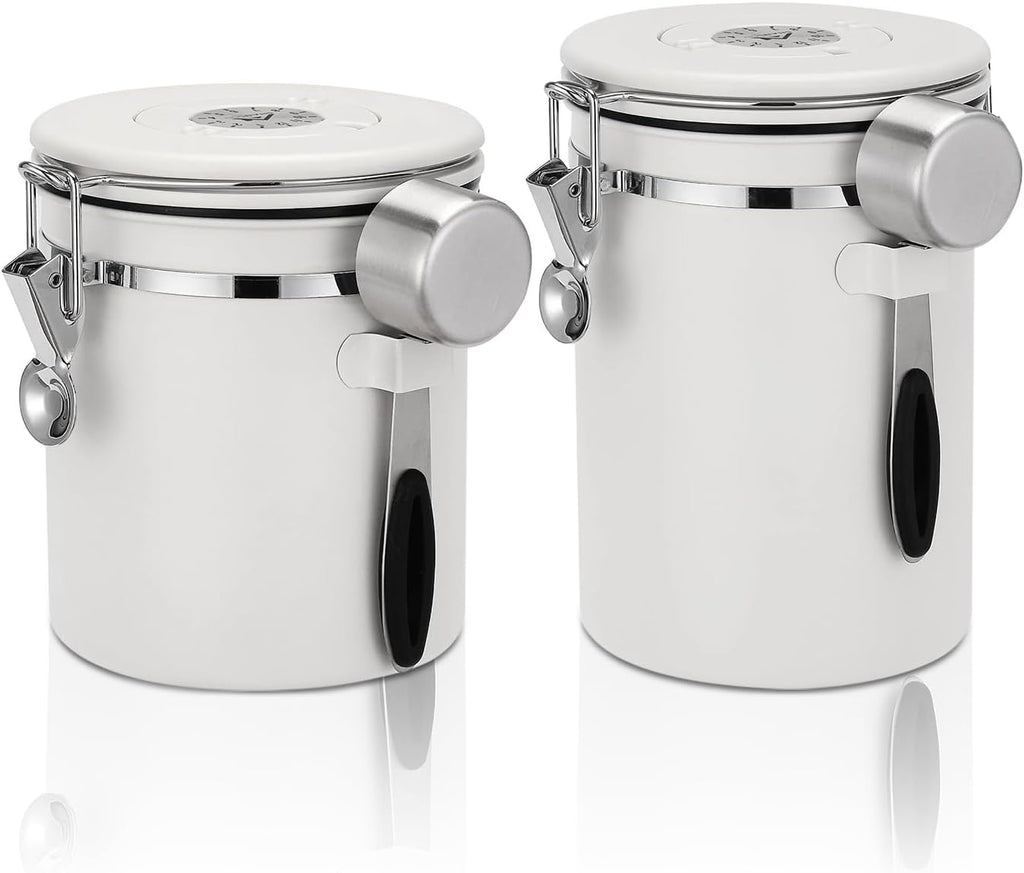 ShanSon Coffee Canister Airtight Stainless Steel Container,Home Kitchen Food Storage Organizers for Beans,Tea,Sugar,cookie,Flour,Cereal,16OZ+22OZ,White