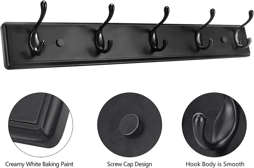 Wooden Coat Rack, Wall-Mounted Organizer for Closet, Entryway, Hallway, Foyer, Bedroom, Heavy Duty Double Hooks for Hanging Towels, Bags, Hats, Jackets, Key (Black, 5 Hooks)