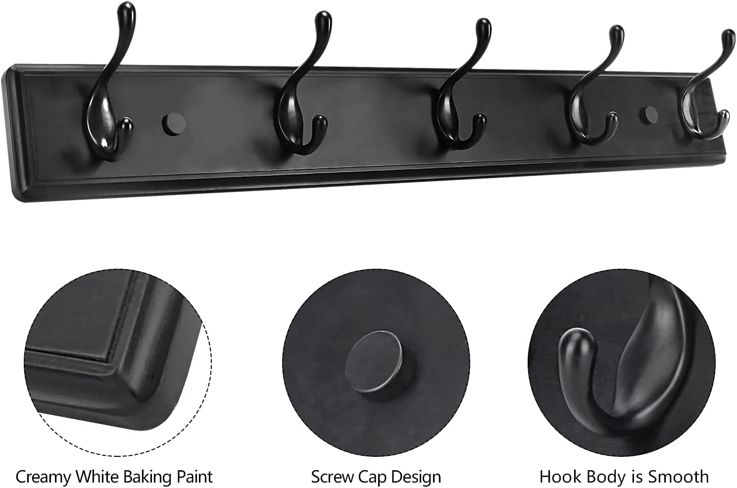 Wooden Coat Rack, Wall-Mounted Organizer for Closet, Entryway, Hallway, Foyer, Bedroom, Heavy Duty Double Hooks for Hanging Towels, Bags, Hats, Jackets, Key (Black, 5 Hooks)