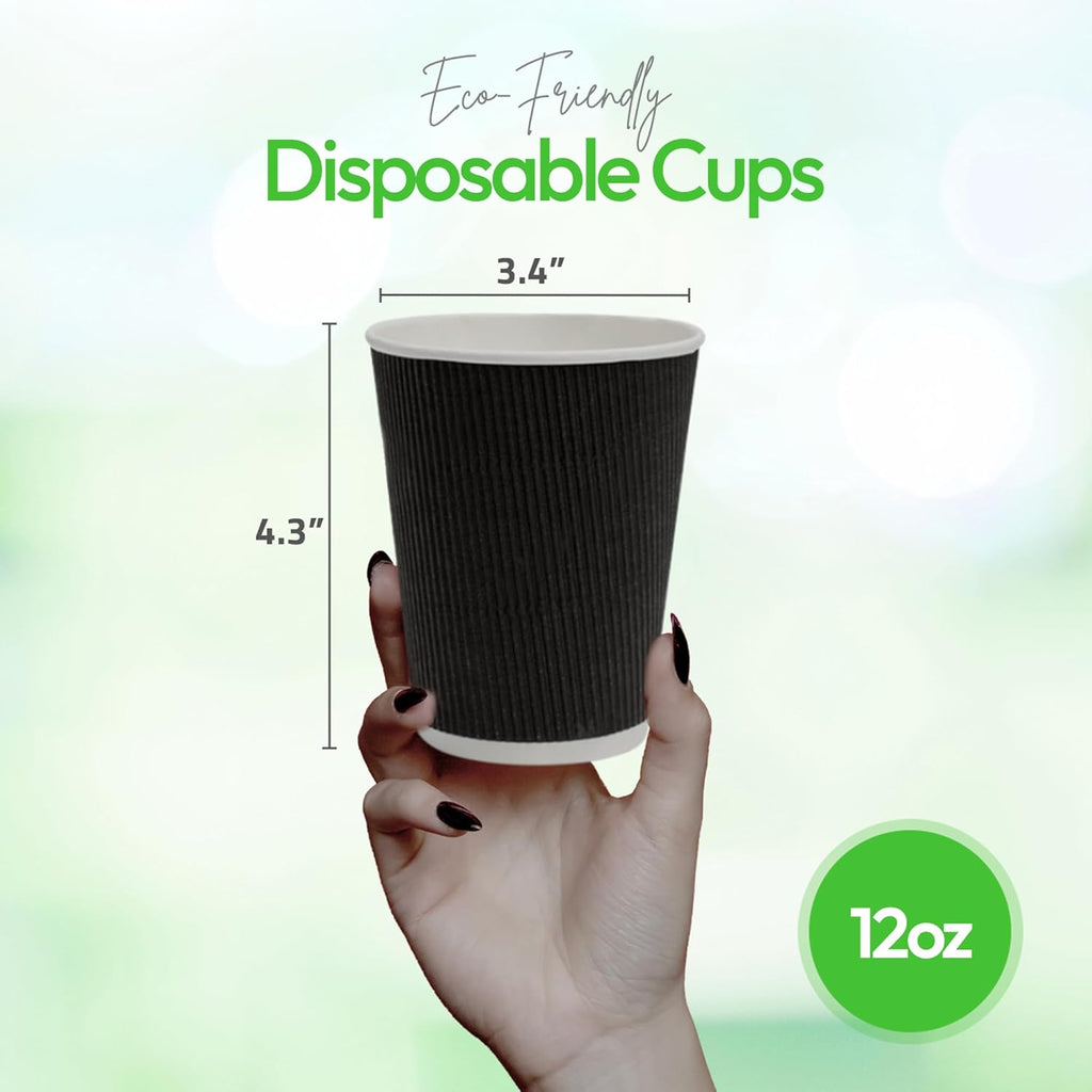 500-CT Disposable Black 12-OZ Hot Beverage Cups with Ripple Wall Design: No Need for Sleeves - Perfect for Cafes - Eco-Friendly Recyclable Paper - Insulated - Wholesale Takeout Coffee Cup
