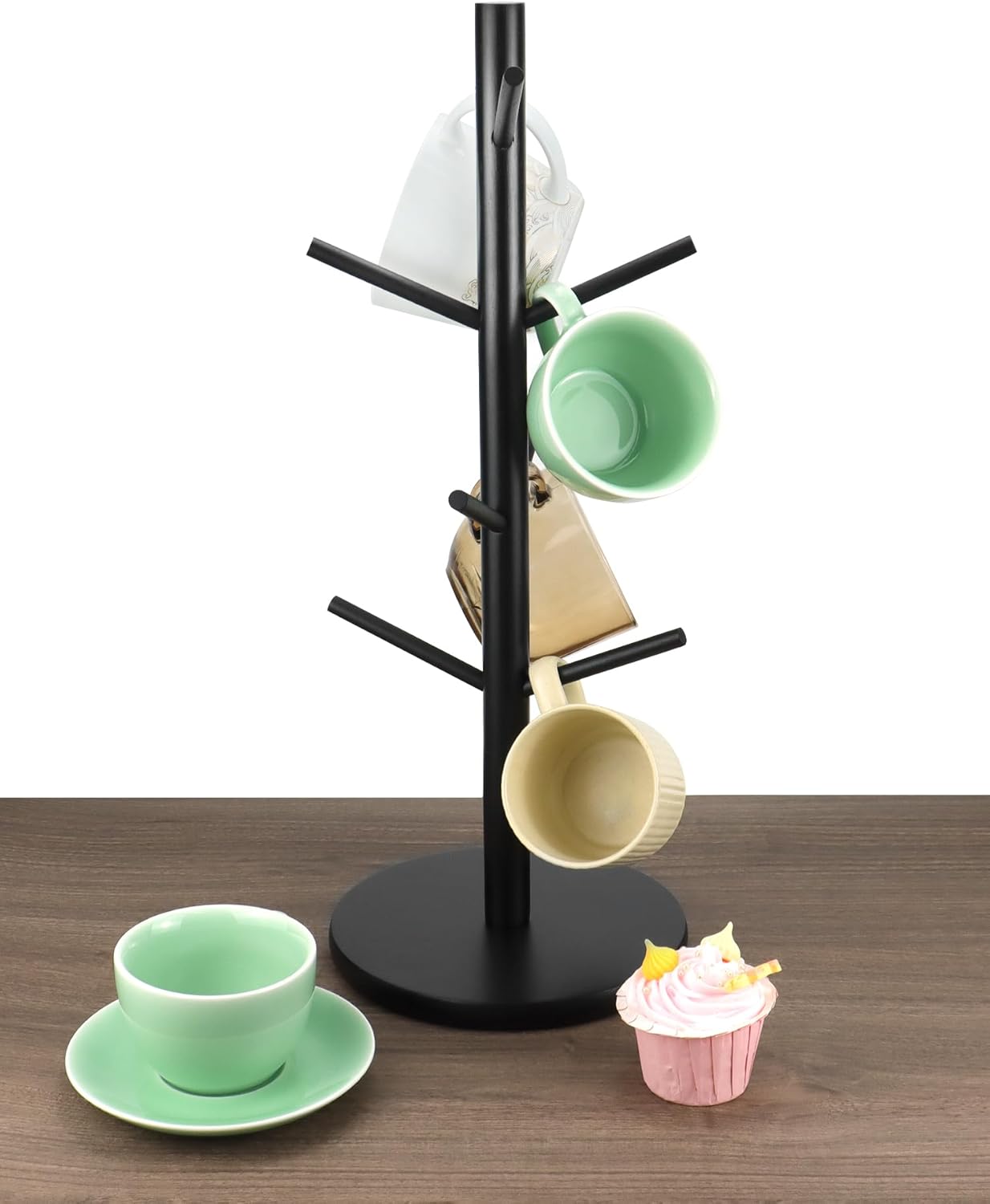 QWORK Wooden Mug Holder Tree with 8 Hooks - Black, Non-Slip Padded Base, Multipurpose Organizer for Mugs, Donuts, and Jewelry