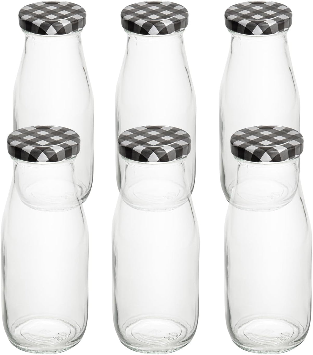 Restaurantware French Countryside 11 Ounce Glass Bottles 10 Durable Juice Bottles - With Black Plaid Lid Dishwashable Clear Glass Countryside Bottles For Hot And Cold Beverages