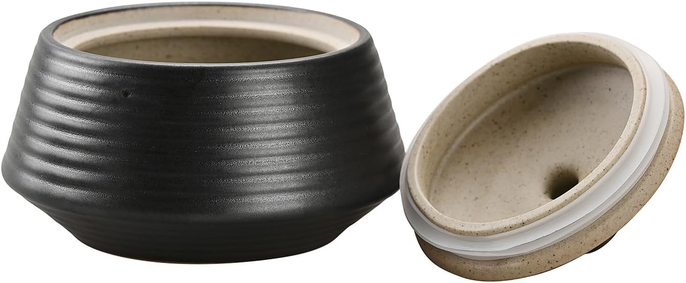 Retro Kitchen Canisters Ceramic Food Storage Jar Roud Shape with Silicone Airtight Lid for Tea, Coffee, Nuts, Herb, Spice, Sugar (Low Black)