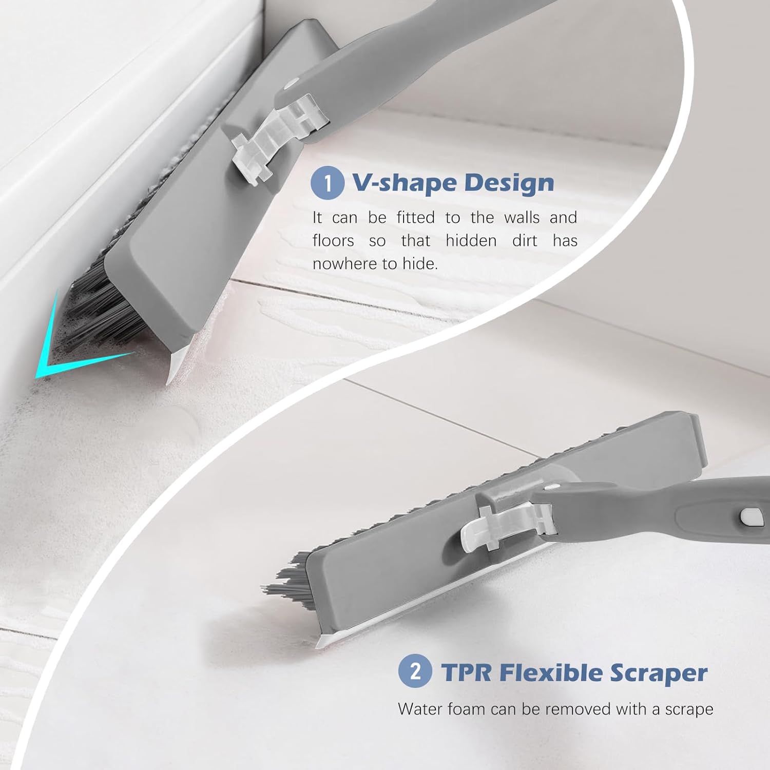 SetSail 4-in-1 Tile Tub Floor Scrubber with 52-inch Long Adjustable Handle Shower Cleaner Brush with V-Shaped Grout Brush and 3 Replacement Brush Heads for Bathroom Kitchen Sink Walls Tub Tile, Grey