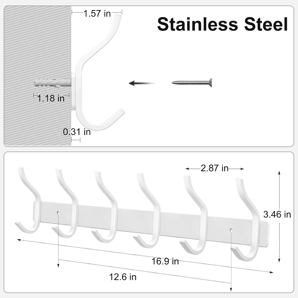 White Wall Hooks Heavy Duty, 17 Inch Coat Hooks Wall Mount with 6 Hooks, Wall Hooks Hangers for Entryway, Bathroom - for Hanging Backpack, Bag, Coat, Purse, Hat, Towel, Clothes