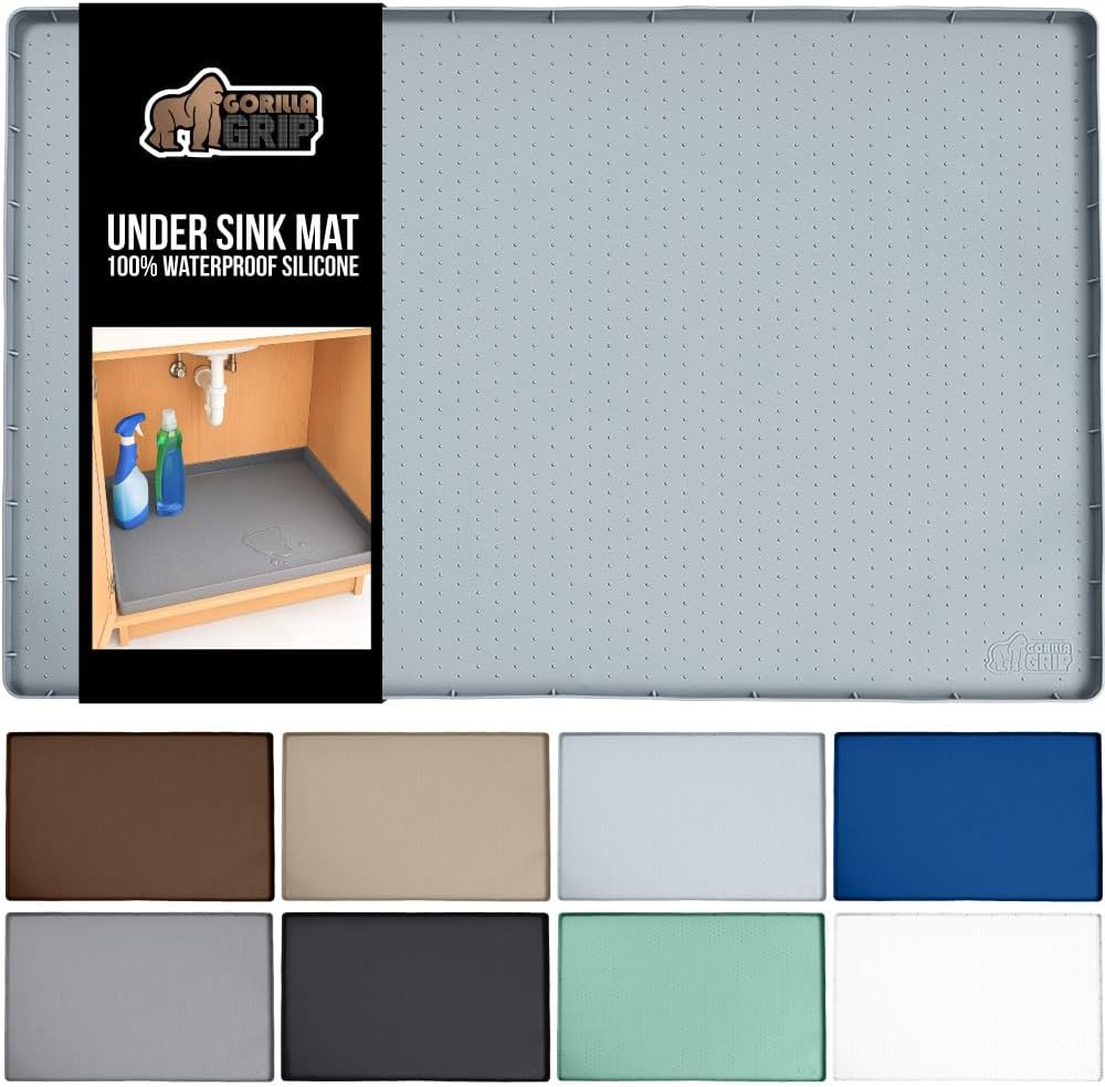 GORILLA GRIP Waterproof Silicone Under Sink Mat with Raised Lip for Kitchen and Bathroom, 31 x 22 in, Cabinet Shelf Liner Stay in Place Mats Dishwasher Safe Drawer Liner, Organizer Tray, Light Grey