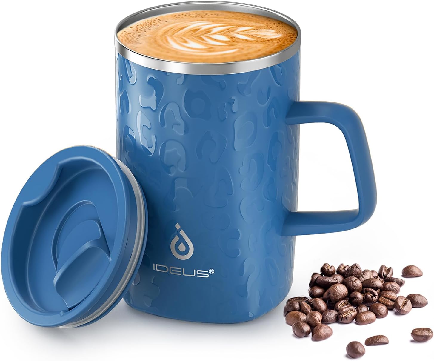Ideus Vacuum Insulated Coffee Mug, 16oz Reusable Stainless Steel Thermal Double Walled cup with Handle and Slider Lid for Hot & Cold Beverages, BPA Free (Leapord Blue)