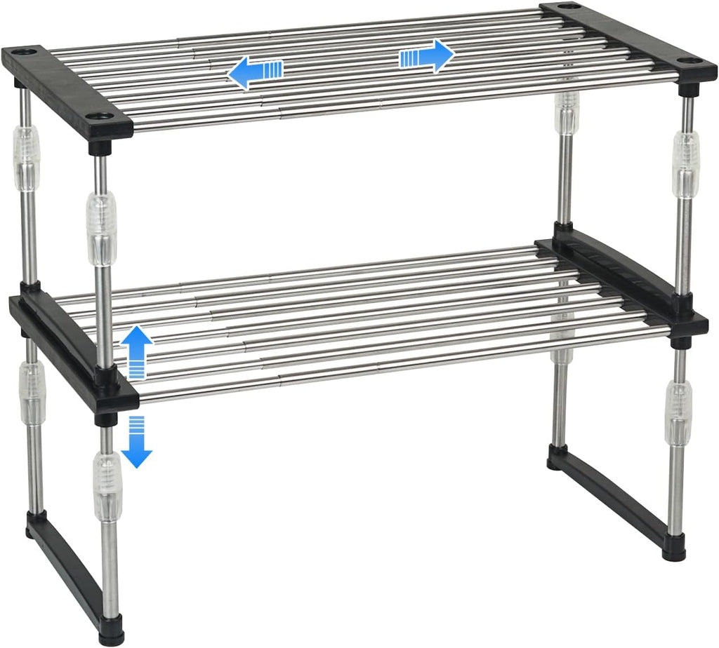 carrotez 2 Pack Expandable Cabinet Organizer, Set of 1 Width & Height-Adjustable Kitchen Cabinet Organizer Shelf, Stackable Kitchen Counter Shelf, 11.8~19.6 x 7.8 x 5.9~9" Black