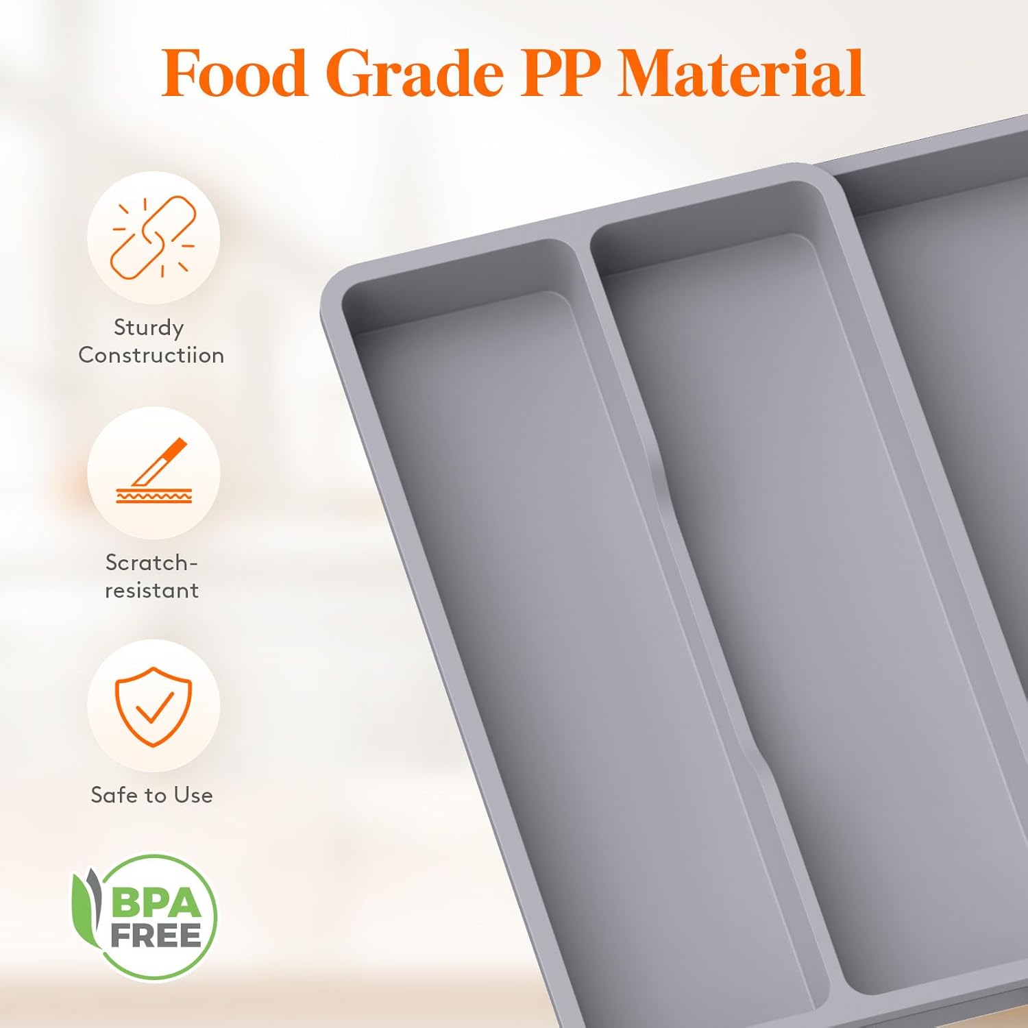 Lifewit Utensil Drawer Organizer, Expandable Cooking Silverware Tray for Kitchen Drawer, Adjustable Cutlery Flatware Holder, Plastic Spatula Tools and Gadgets Storage Divider, 3 Compartments, Gray