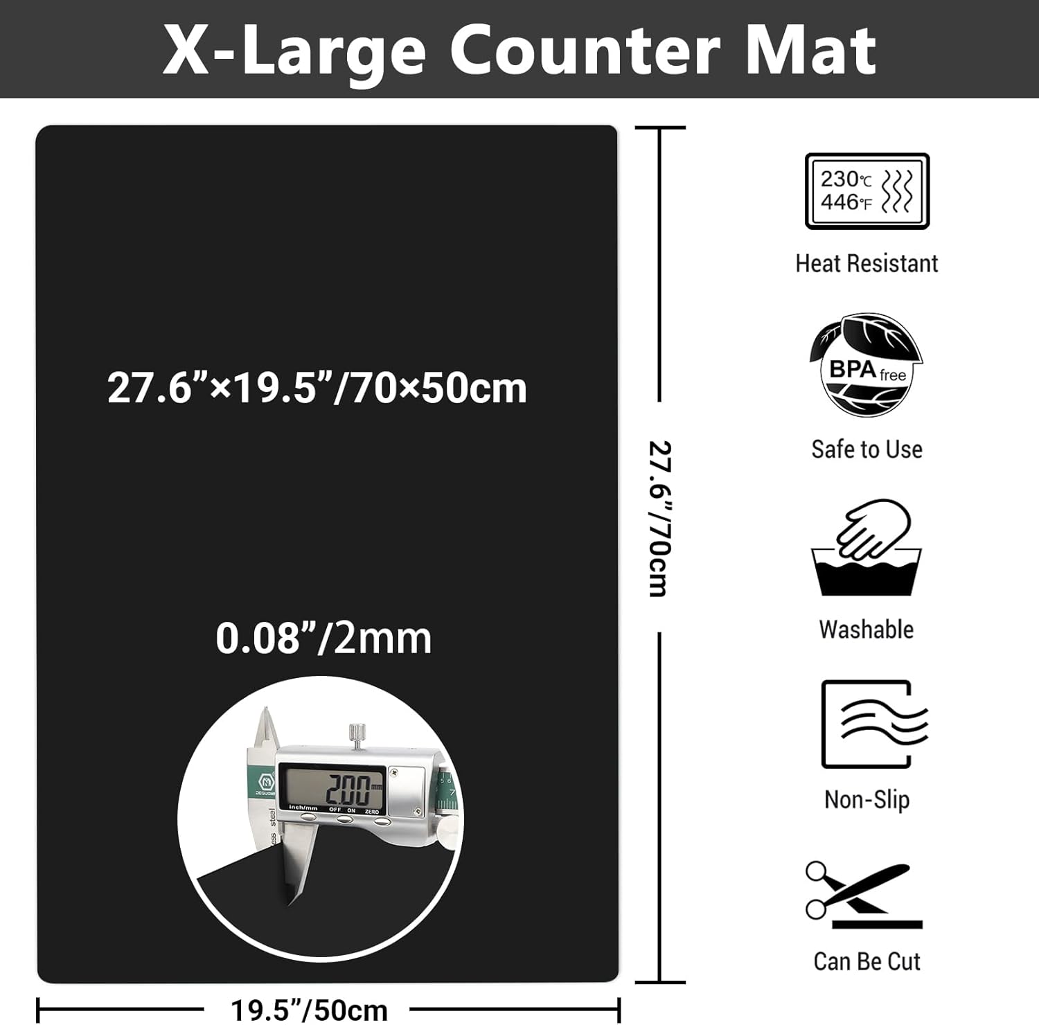 Ewen 2mm Thick Silicone Mats for Kitchen Counter, 27.6x19.5in Heat Resistant Silicone Baking Mat, Large Placemat Pastry Countertop Protector Mat Hot Pad for Stove Coffee Maker Air Fryer Toaster Black