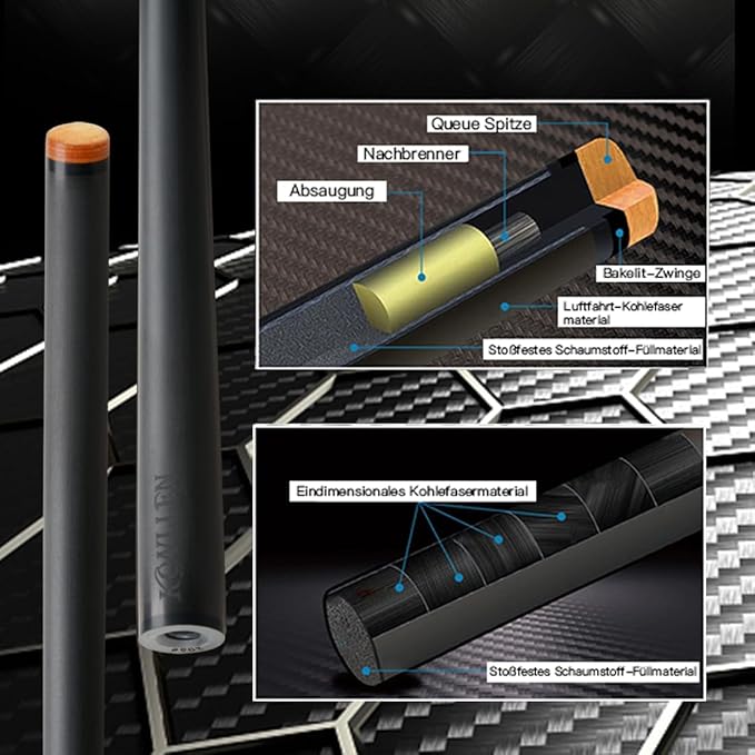 KONLLEN Carbon Fiber Pool Cue Stick Low Deflection Hand-Made Inlay Billiard Cue Ultra-Smooth Professional Feeling Billiard Pool Cue Sticks for Adults