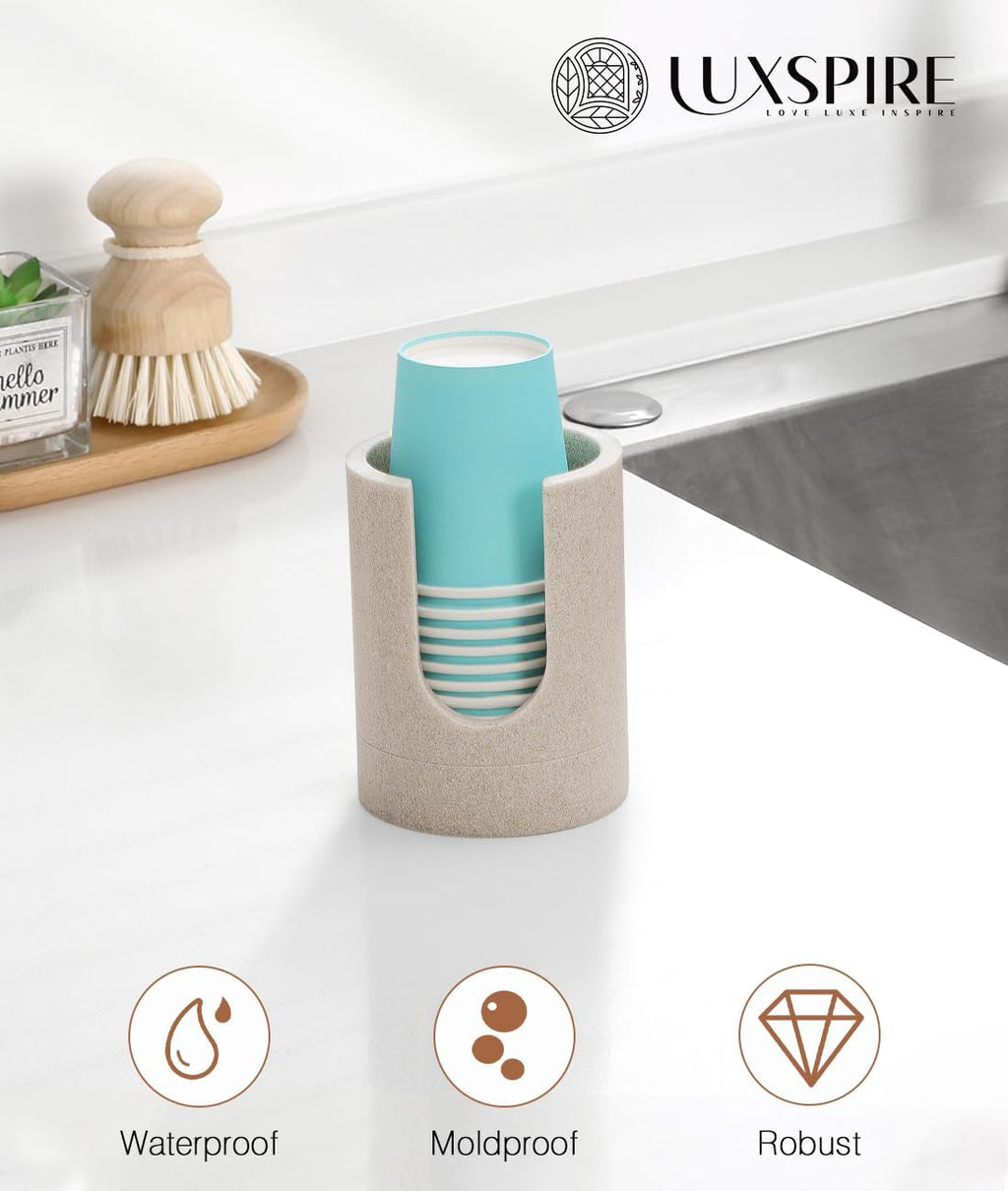 Luxspire Bathroom Cup Dispenser, 3oz Dixie Cup Dispenser, Resin Dixie Cup Holder, Disposable Paper Cup Holder for Bathroom, Cotton Pad Holder, Guest Bathroom Essentials, Beige