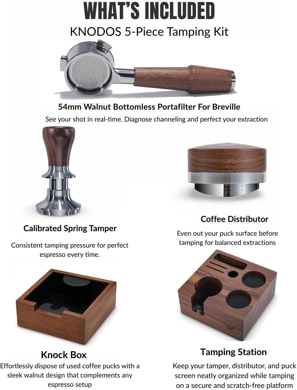 Breville Espresso Machine Accessories Set– 54mm Bottomless Portafilter, Calibrated Tamper, Coffee Distributor, Knock Box and Tamping Station