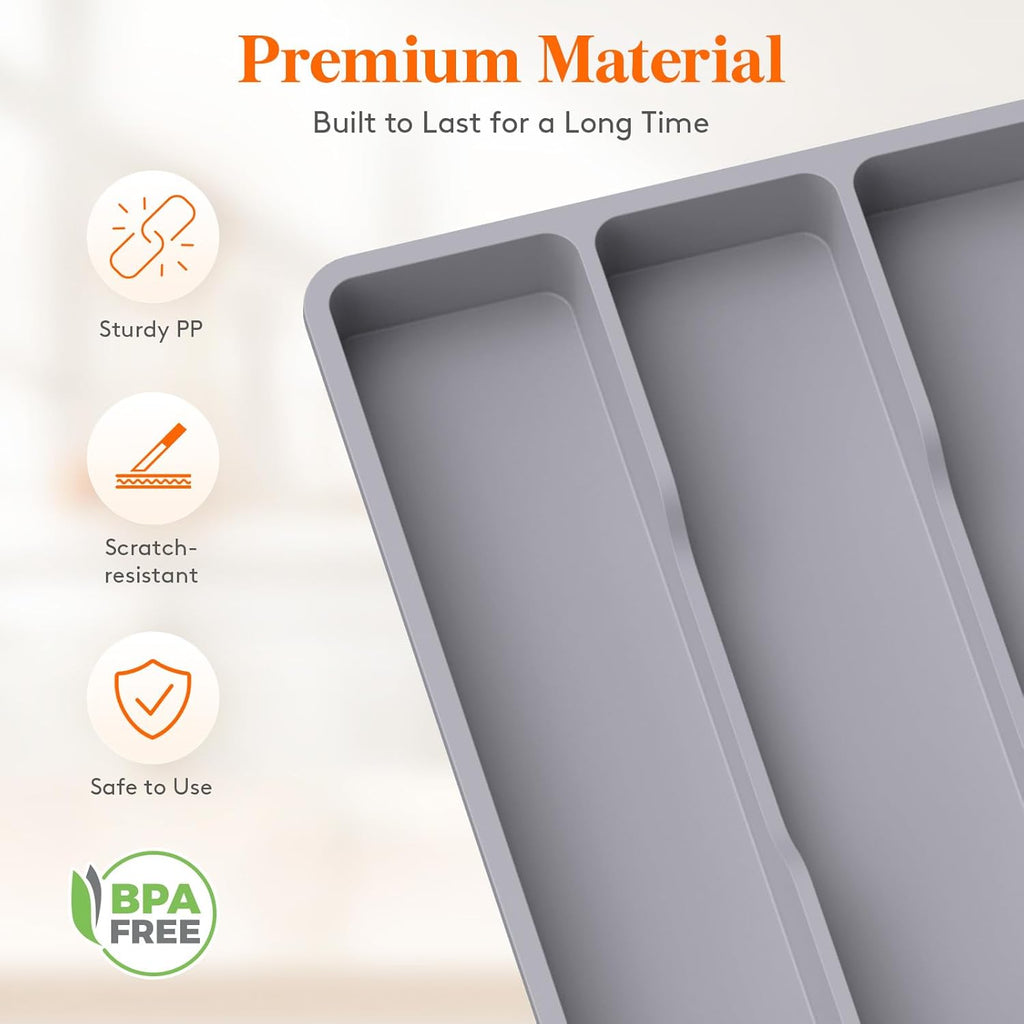 Lifewit Utensil Drawer Organizer, Expendable Cooking Silverware Tray for Kitchen Drawer, Adjustable Cutlery Flatware Holder, Plastic Spatula Tools and Gadgets Storage Divider, 4 Compartments, Gray