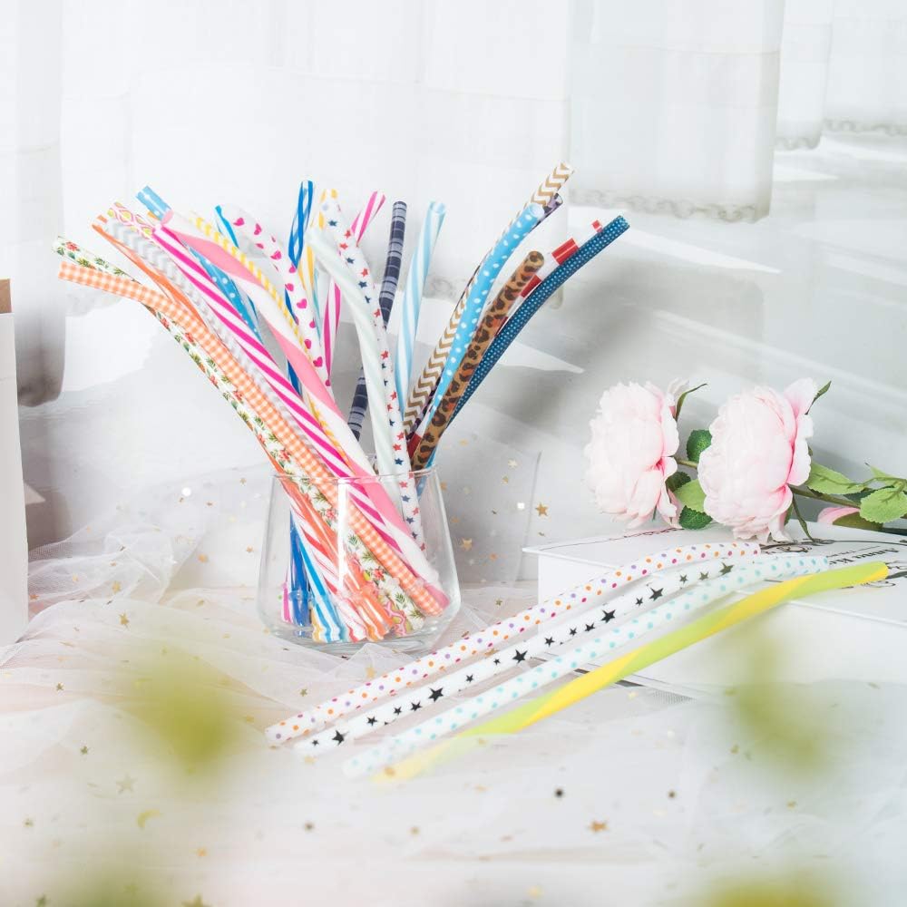 50 Pack Bent Reusable Straws, BPA-Free, 9" Colorful Hard Plastic Stripe Drinking Straw for Mason Jar Tumbler, Family or Party Use With Cleaning Brush