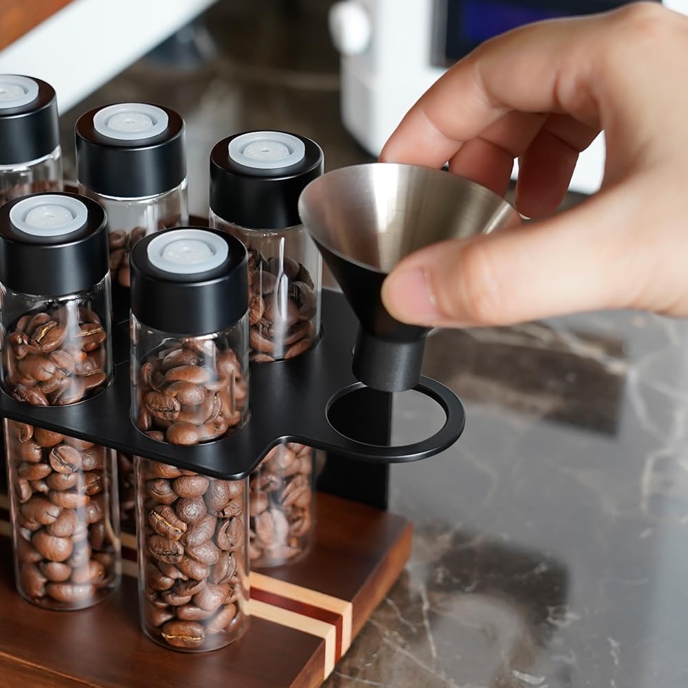 watchget Single Dose Coffee Storage Tubes 10 Pcs Dosing Glass Vials with One-way Exhaust Valve Lids Coffee Bean Storage Coffee Bean Cellar with Hopper & Wood Base, B