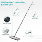 Floor Scrub Brush with Long Handle Length Adjustable, 3 in 1 Heavy-Duty Stiff 90° Bristle Floor Scrubber Broom with Squeegee, for Bathroom, Garage, Kitchen, Tile, Deck & Patio (White)