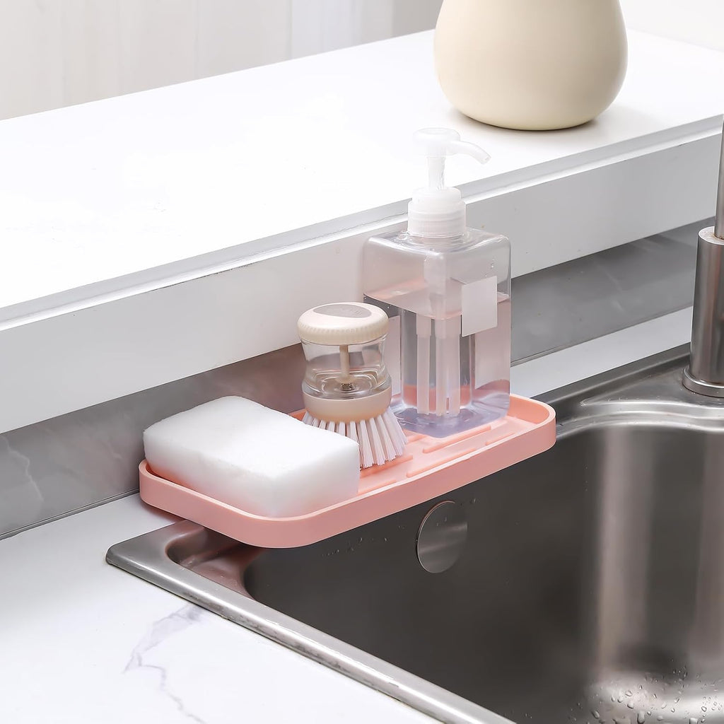 Silicone Kitchen Sink Organizer Tray for Multiple Usage,Easy Clean,Eco-Friendly Sponges Holder for Kitchen Bathroom Counter or Sink,Dish Soap Dispenser,Scrubber,Bottle,Cup Pink 10”x 5.3”