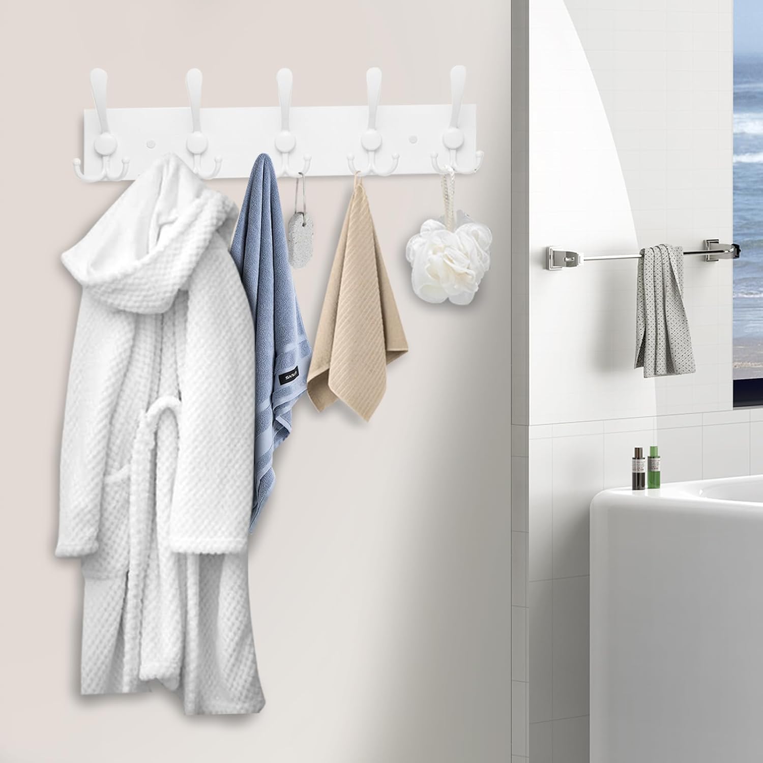 2pcs Coat Rack Wall Mount Coat Hooks Wooden Hat Rack for Wall Hooks Pine Real Wood Plank 16.9" White Coat Hanger with 5 White Triple Hooks for Hanging Coat Hat Jacket