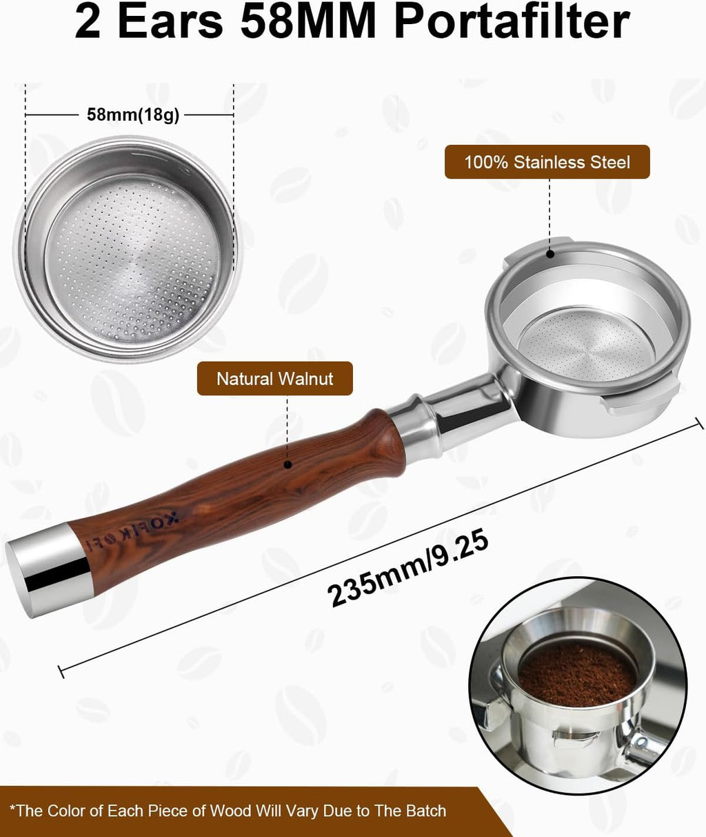 58mm Bottomless Portafilter 2 Ears For E61, Flair 58, ECM, Rocket, Sanremo, Synesso, Slayer, VBM Espresso Machine, Bottomless Naked Portafilter with 18g Filter Basket and Puck Screen - Rosewood
