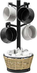 Wood Mug Holder Tree With Woven Basket, 4 Hooks Coffee Mug Holder, Countertop Mug Tree For Kitchen Counter Cabinet Coffee Bar Accessories Cup Display Organizer Hanger(Black)
