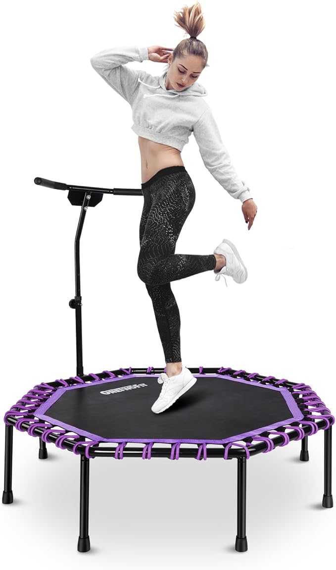 ONETWOFIT 51" Silent Trampoline with Adjustable Handle Bar, Fitness Trampoline Bungee Rebounder Jumping Cardio Trainer Workout for Adults…