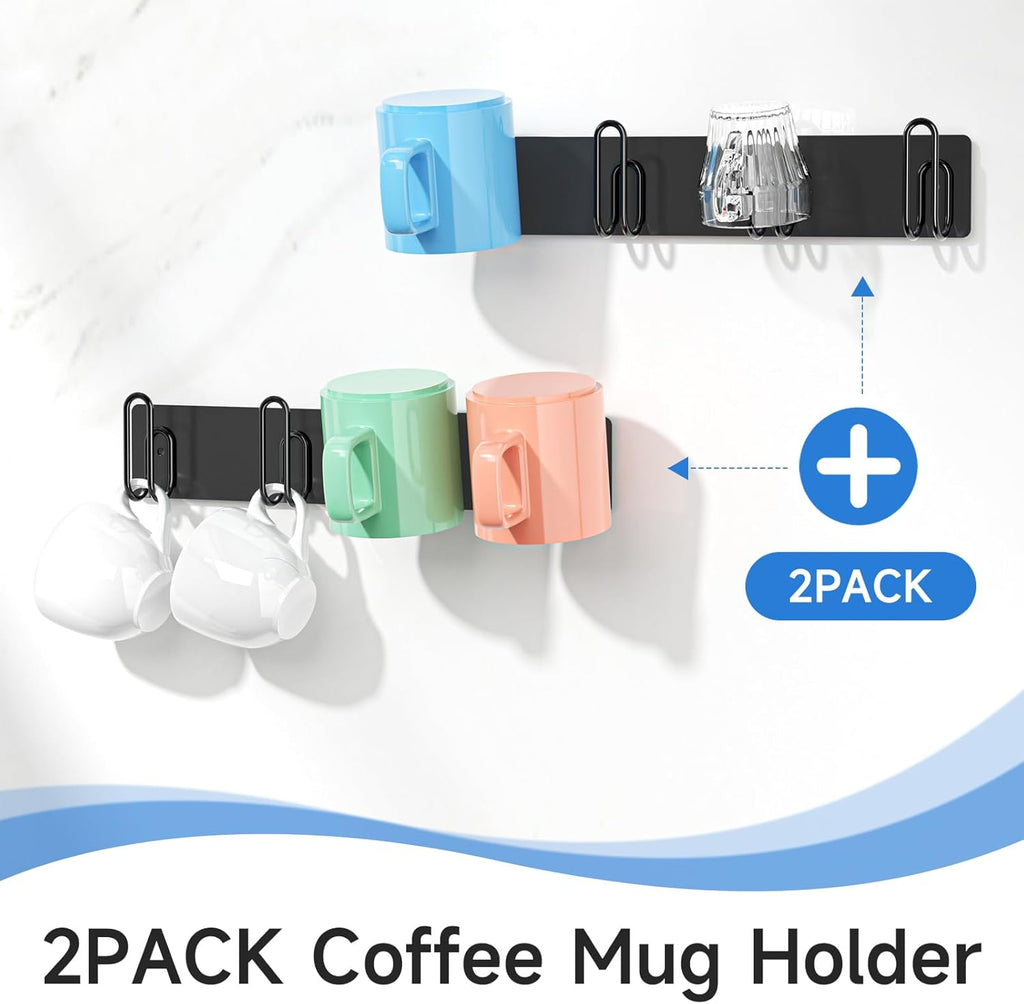 Mug Holder Wall Mounted, 2 Pack Black Coffee Cup Hooks, Metal Mug Rack for Kitchen, Modern Unique Cabinets Cups, Cup Holder Hanging Wall Hanger for Kitchen, Dining Room Coffee Bar