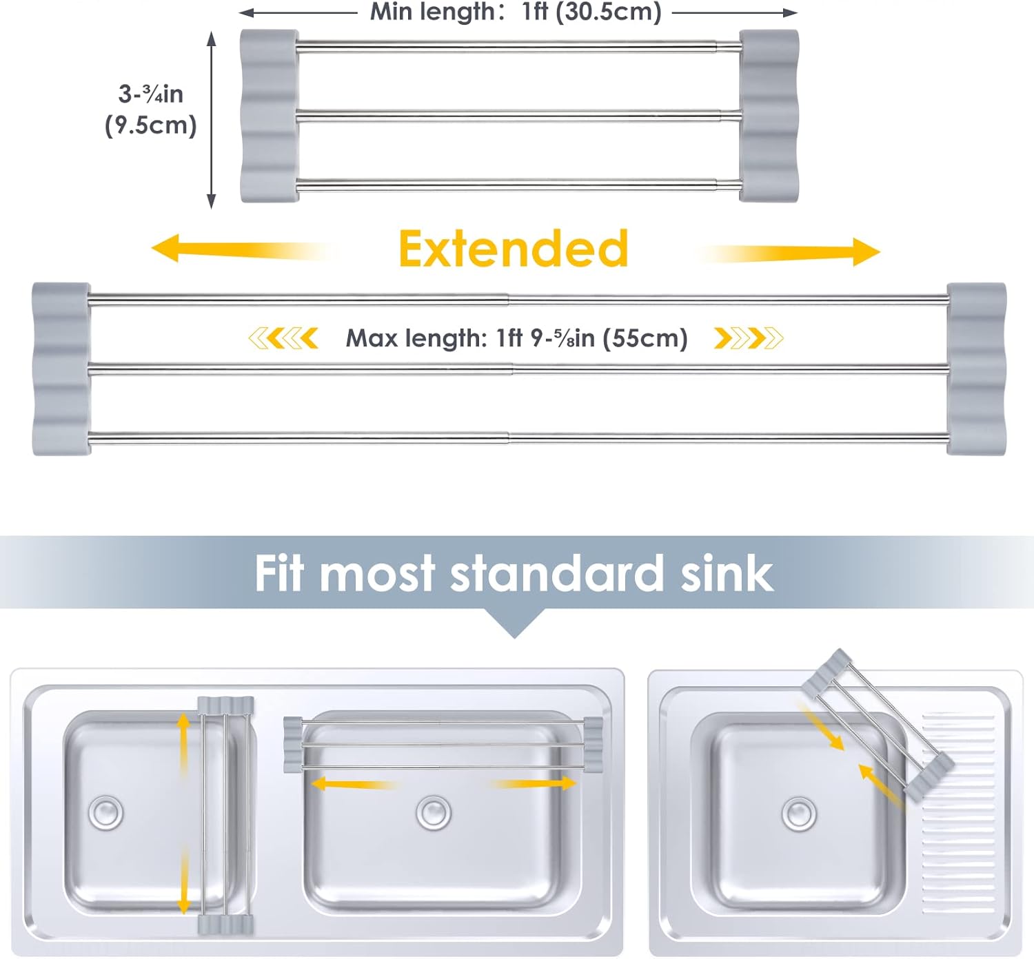 Tomorotec Adjustable Over-The-Sink Kitchen Rack for Dishcloths, Sponges, Bottles and Brushes - Heat-Resistant Stainless Steel with Slim, Expandable Design and Multifunctional Silicone Holder