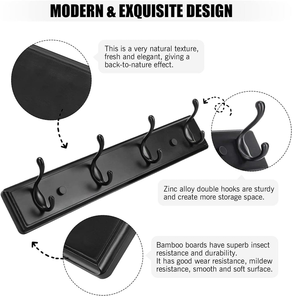 Wooden Coat Rack, Wall-Mounted Organizer for Closet, Entryway, Hallway, Foyer, Bedroom, Heavy Duty Double Hooks for Hanging Towels, Bags, Hats, Jackets, Key (Black, 4 Hooks)