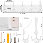 2pcs Coat Rack Wall Mount Coat Hooks Wooden Hat Rack for Wall Hooks Pine Real Wood Plank 16.9" White Coat Hanger with 5 White Triple Hooks for Hanging Coat Hat Jacket