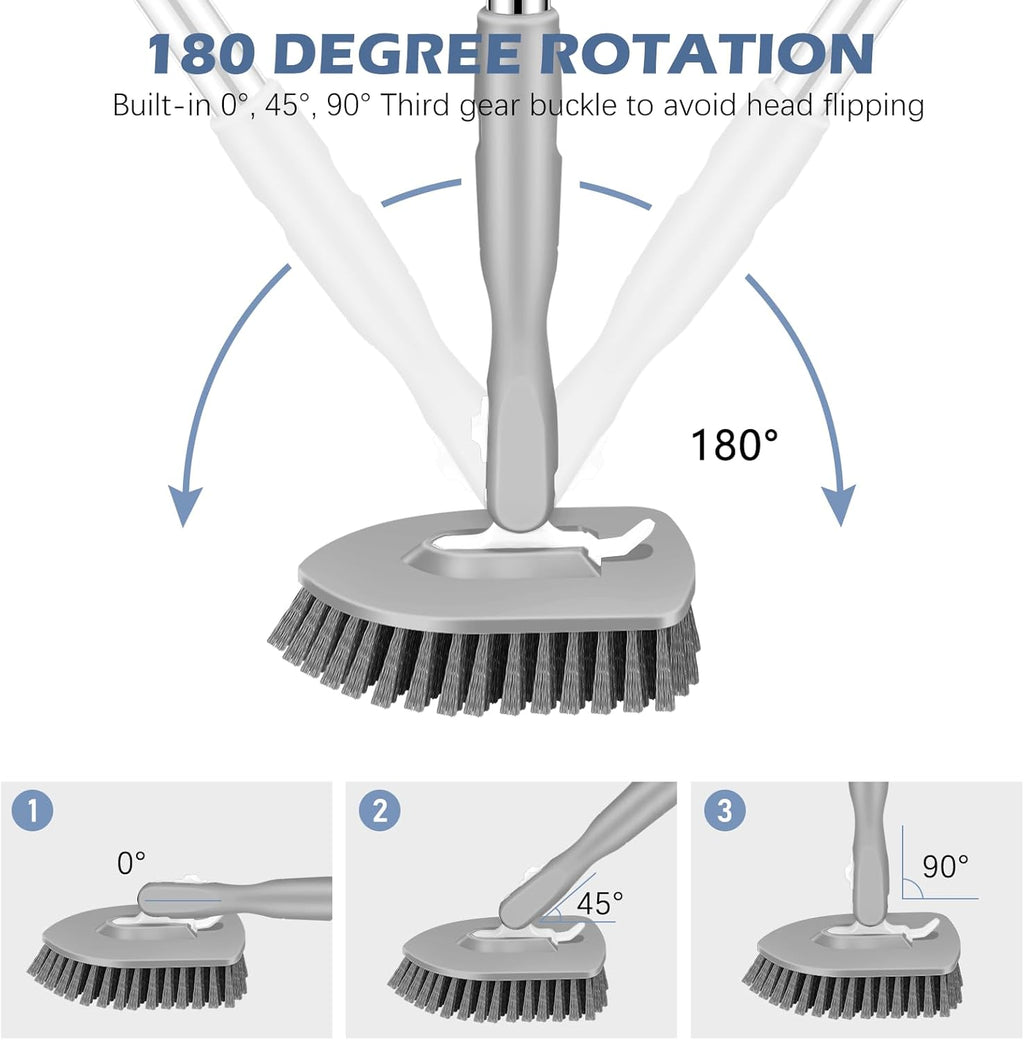 SetSail Floor Scrub Brush, 3-In-1 Tile Tub Floor Scrubber with 52-inch Adjustable Long Handle Shower Cleaner Brush and 3 Detachable Replacement Brush Heads for Cleaning Bathroom Kitchen Tub Tile, Grey