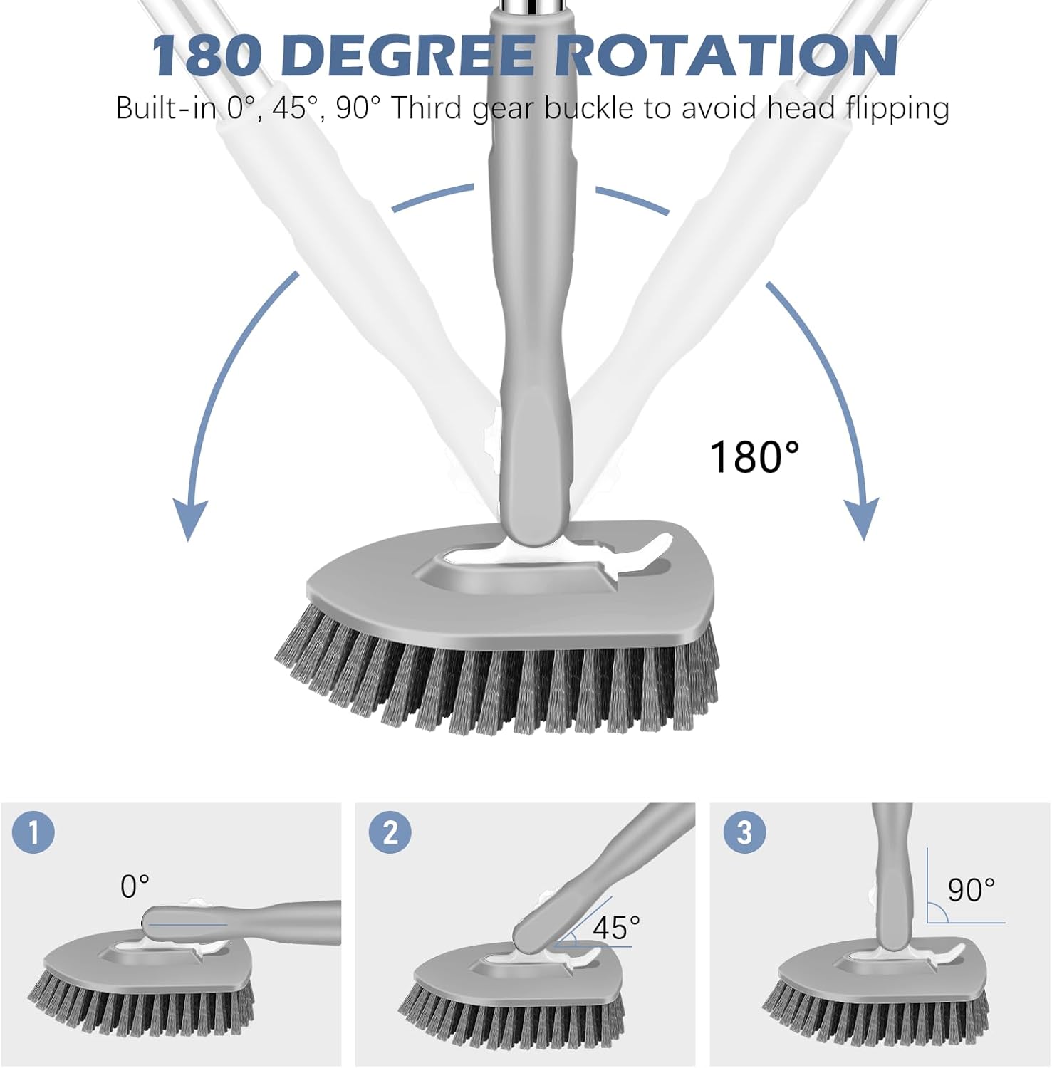 SetSail Floor Scrub Brush, 3-In-1 Tile Tub Floor Scrubber with 52-inch Adjustable Long Handle Shower Cleaner Brush and 3 Detachable Replacement Brush Heads for Cleaning Bathroom Kitchen Tub Tile, Grey