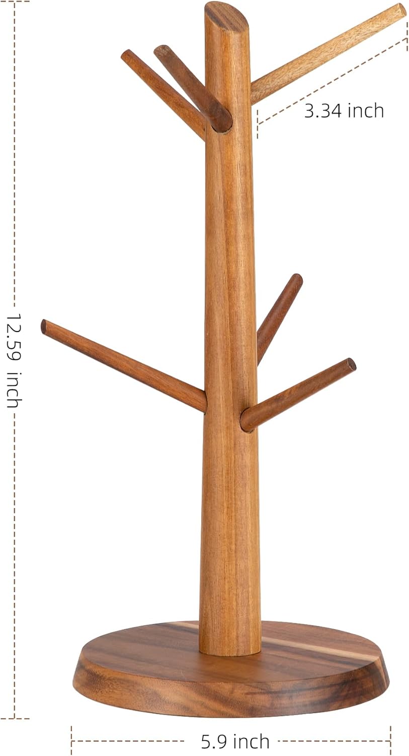 Acacia Wood Mug Holder Tree, 6 Hooks Wooden Mug Organizer for Kitchen Counter & Coffee Bar, Easy to Assemble, Natural Wood Color, Ideal for Small to Medium Mugs