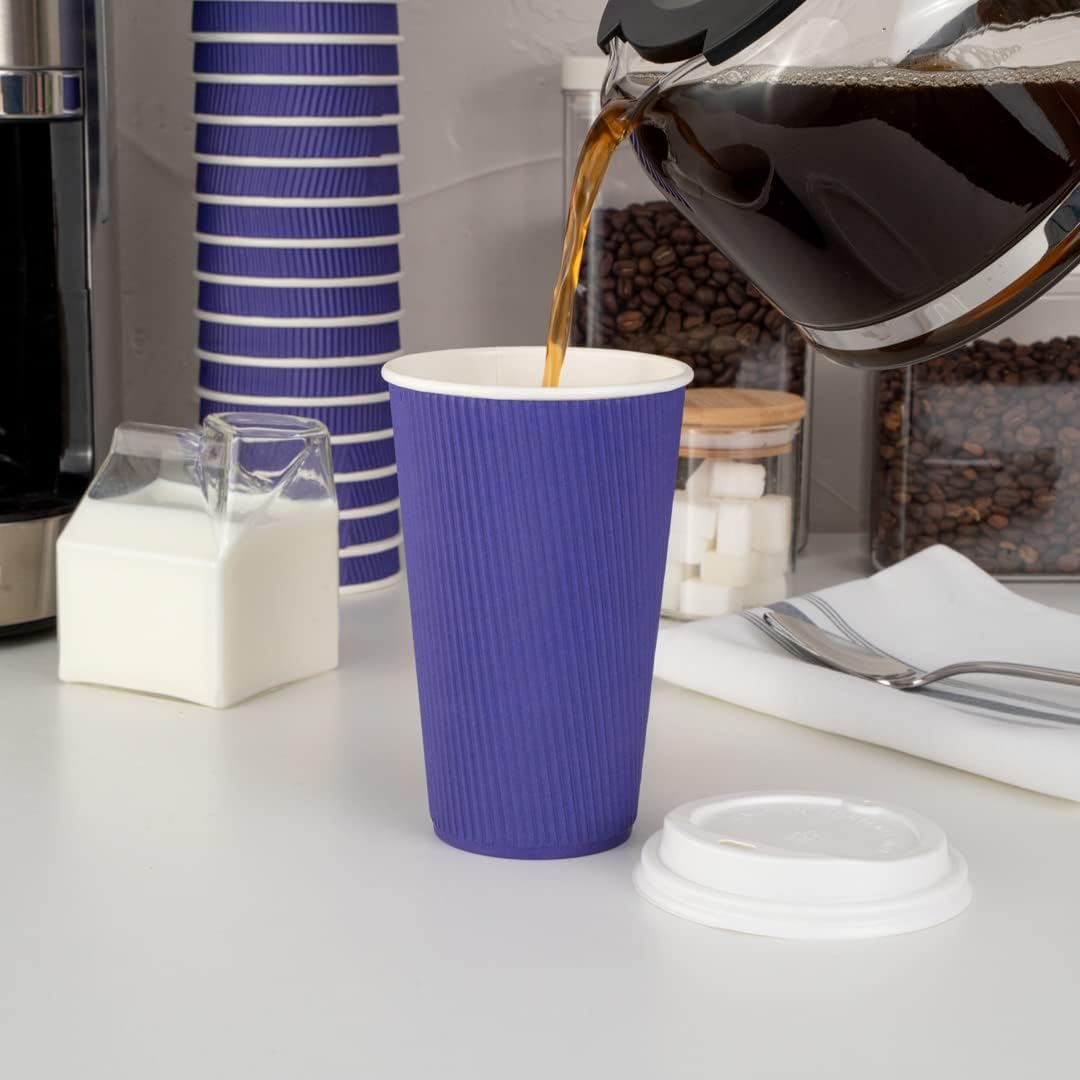 Restaurantware 16 Ounce Ripple Wall Disposable Coffee Cups, 500 Insulated Royal Purple Paper Tumblers with Rolled Rim Design, Lids Sold Separately for Hot Drinks like Tea and More