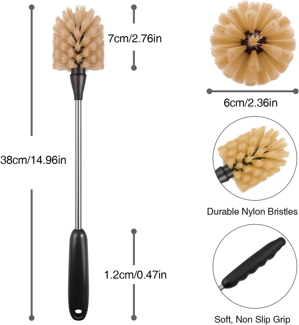 Bottle Brush, 15-inch Stainless Steel Long Handle Cleaning Brush, Kitchen Cleaning Brush, for Cleaning Water Bottles, Glasses, Baby Bottles, Glassware, Food Jars, Cups, Wine Aerators, Brown