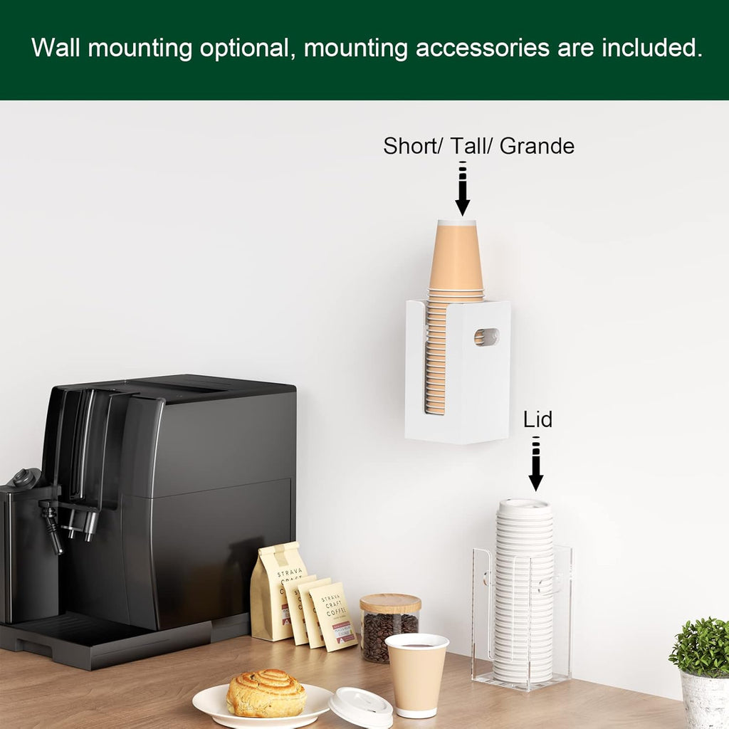 Disposable Coffee Cup Dispenser with Handles, Countertop or Wall Mount Hot/Cold Drink Cup and Lid Holder - Bathroom/Kitchen/Office Acrylic Cup Lid Storage Organizer (1 Compartment, White)