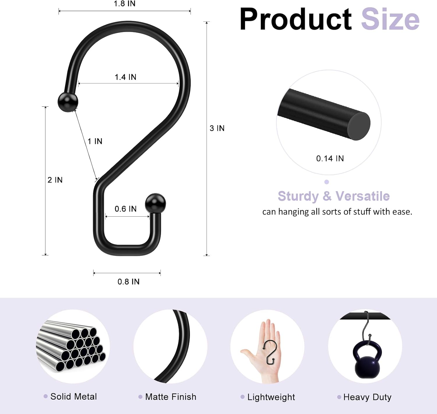 S Hooks, Small Metal S Hanging Hooks with 2 Shapes, Reversible, Heavy Duty, 3 Inch, Black, 12 Pcs