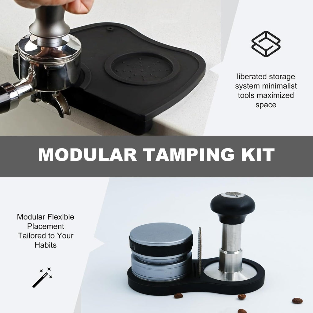 2-Piece Coffee Tamping Set with Silicone Tamper Mat & Tamper Holder | Storage Distributor/Tamper/Puck Screen | Essential Barista Espresso Accessories for Coffee Bar