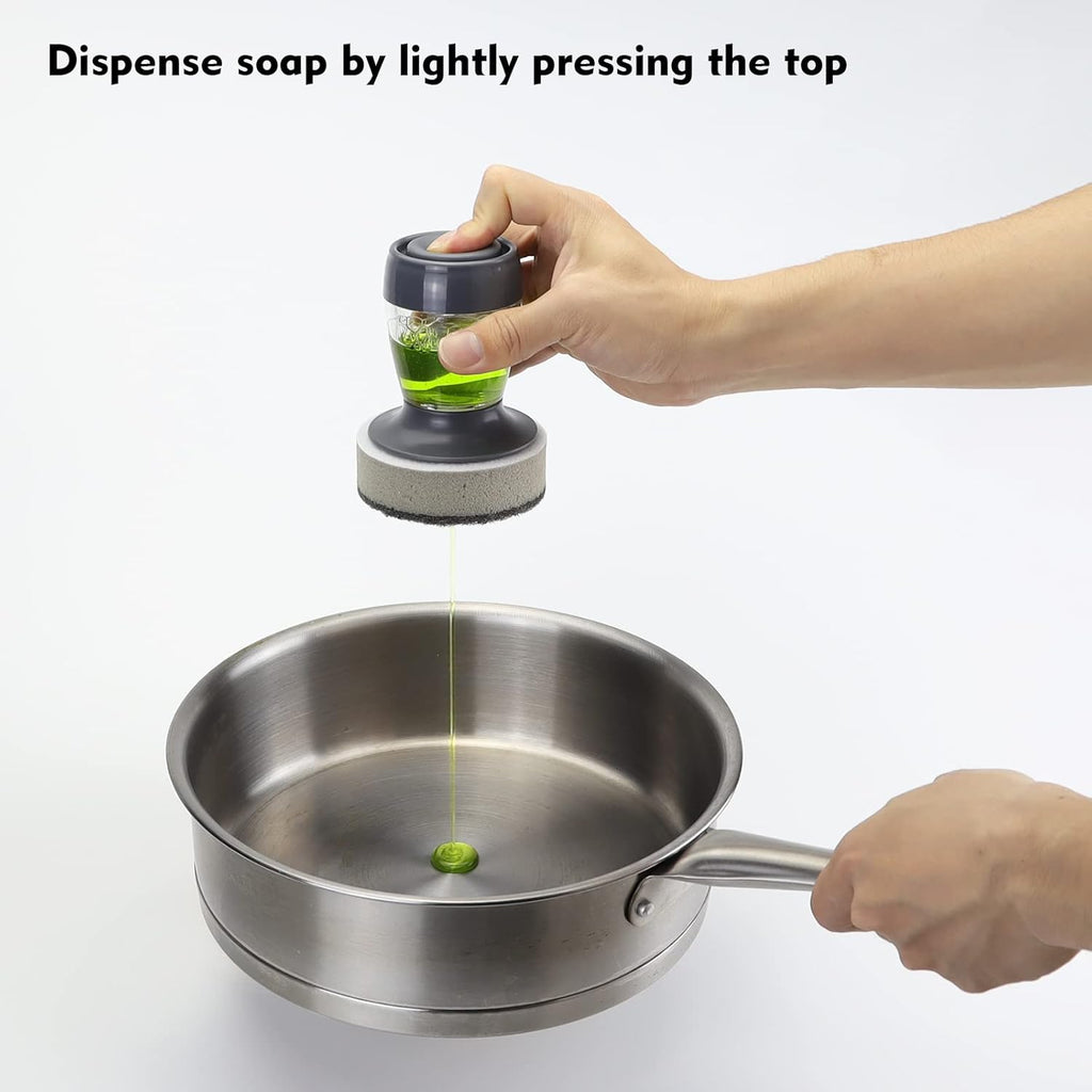 Dish Brush with Soap Dispenser, Kitchen Scrub Brush for Dishes Pots Pans Sink Cleaning, Scrub Sponge Dish Scrubber with Holder Set (Grey Handle & Scrub Sponge)