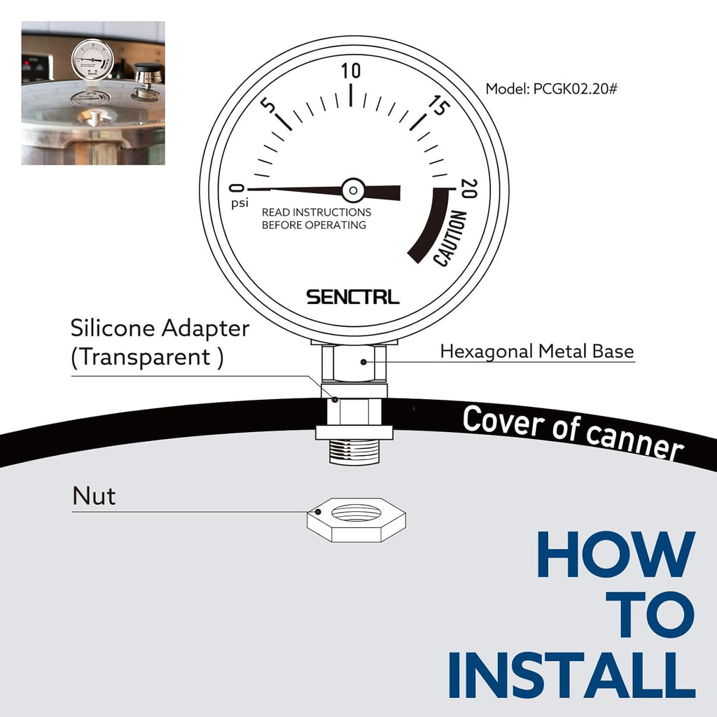 SENCTRL 0-20 Psi Pressure Cooker Canner Gauge Replacement Part, 2" Dial Size, Stainless Steel Case, 1/8" NPT Male Lower Mount, Waterproof, with Silicone Adapter and Nut, for Pressure Cooker Canning