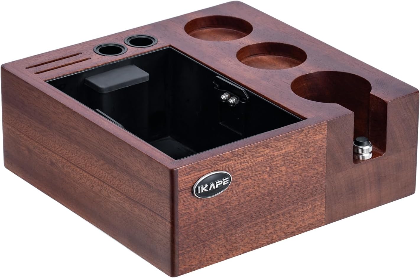IKAPE V2 Espresso Knock Box, Espresso Coffee Organizer Box Fit for Storage 51 to 58MM Espresso Tamper, Distributor, Portafilter & Puck Screen Accessories, Natural Walnut Station Base (8 IN One)
