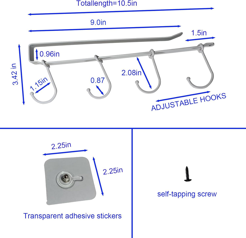 Adjustable Mug Holder Under Cabinet - Coffee Cup Holder with 8 Mug Hooks Under Shelf - White - Space Saving and Versatile