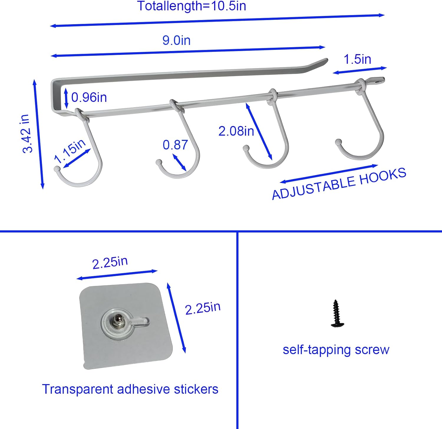 Adjustable Mug Holder Under Cabinet - Coffee Cup Holder with 8 Mug Hooks Under Shelf - White - Space Saving and Versatile